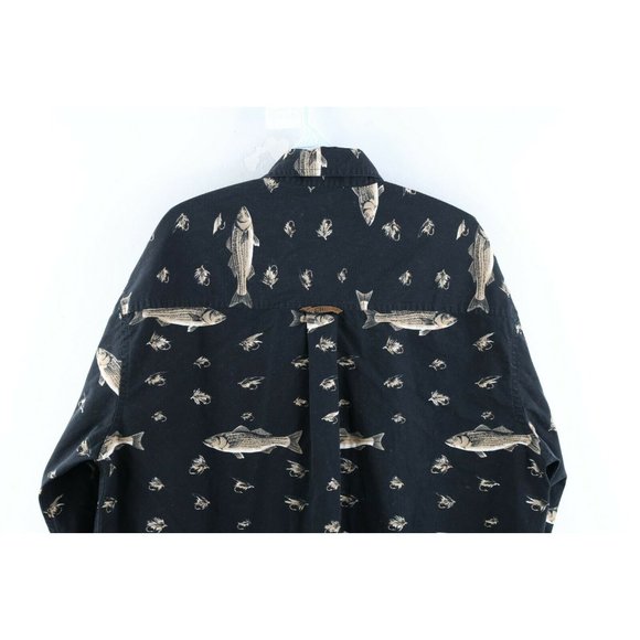 Vintage 90s Chaps Ralph Lauren Mens Large Fish All Over Print Button Shirt Black - Picture 8 of 9